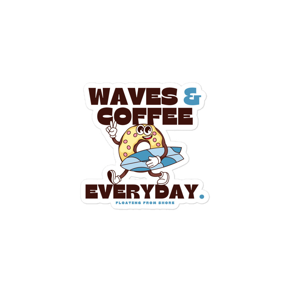 Waves & coffee every day with a retro donut mascot with its surfboard