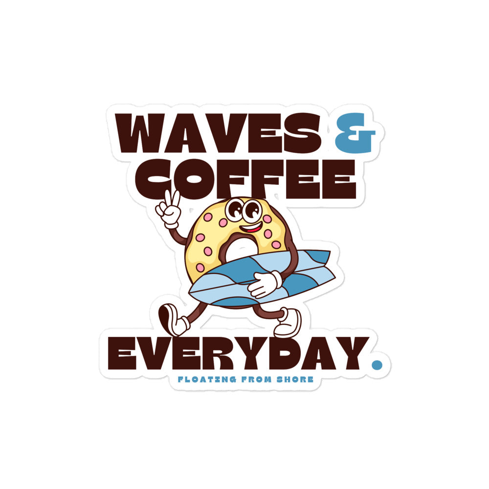 Waves & coffee every day with a retro donut mascot with its surfboard
