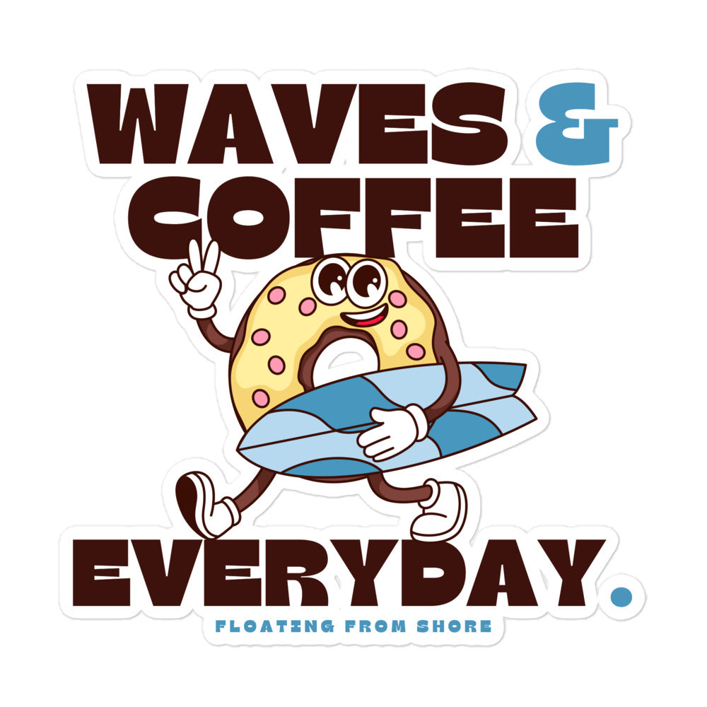 Waves & coffee every day with a retro donut mascot with its surfboard