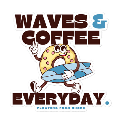 Waves & coffee every day with a retro donut mascot with its surfboard