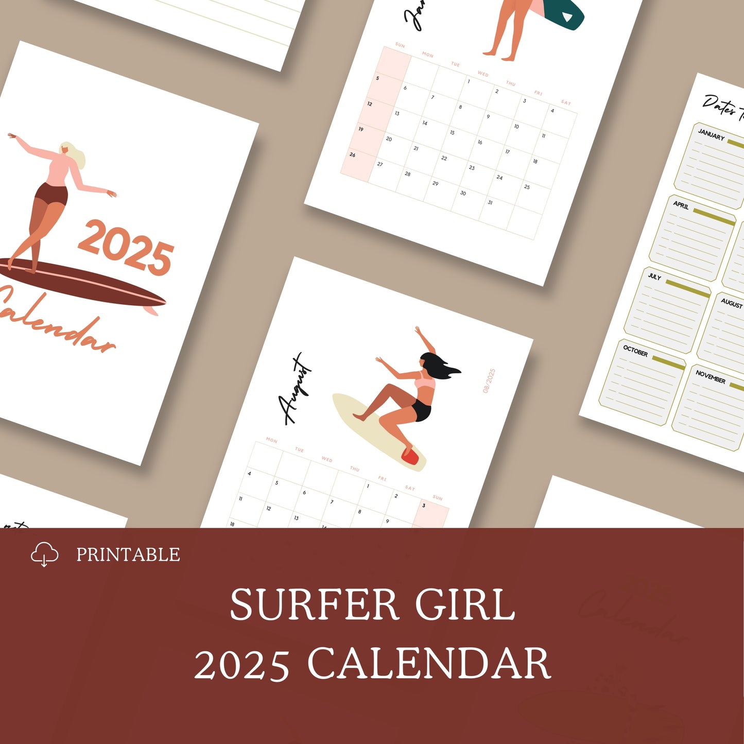 Surfer Girl 2025 Calendrier Imprimable