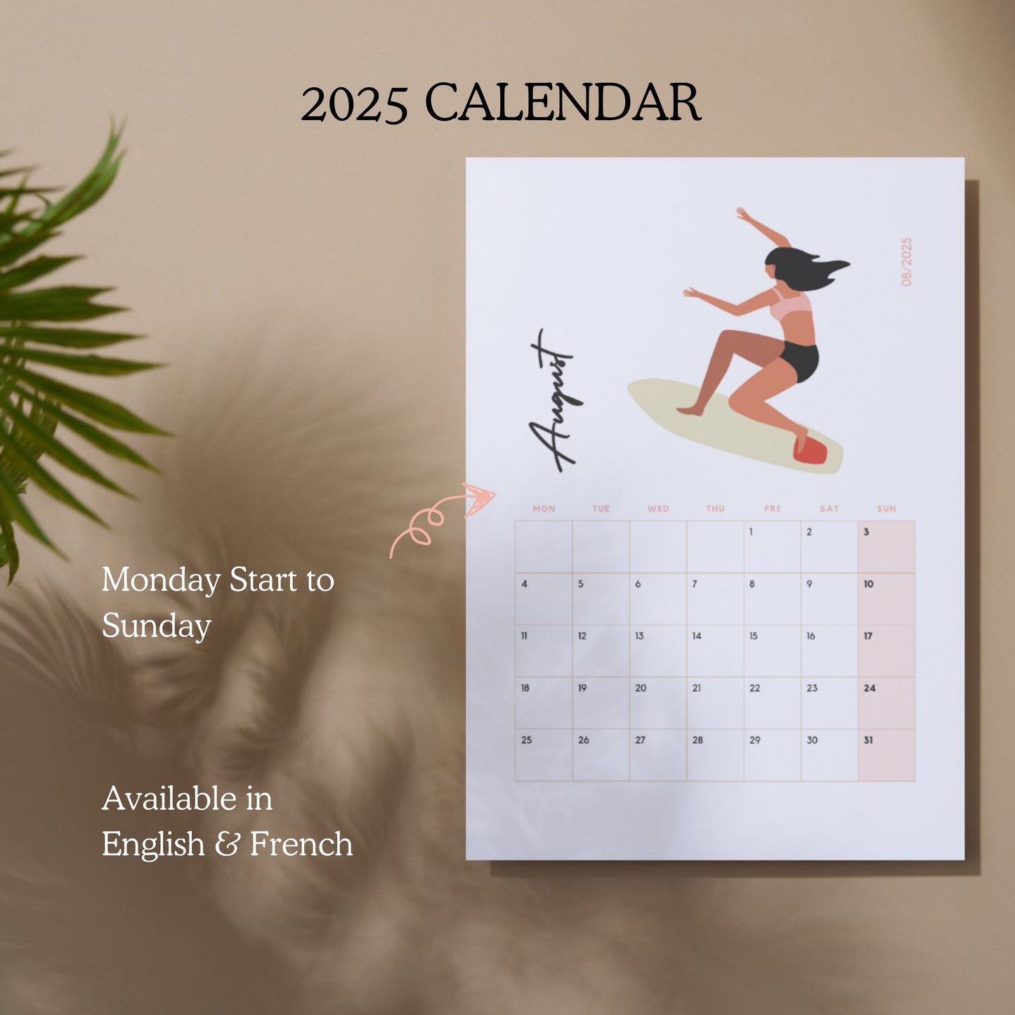 Surfer Girl 2025 Calendrier Imprimable