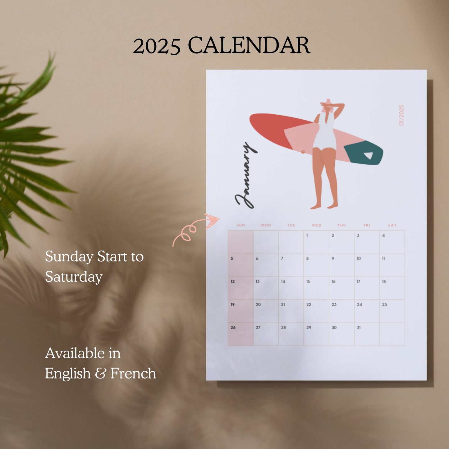 Surfer Girl 2025 Calendrier Imprimable