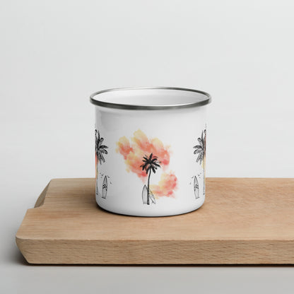 Palm Trees & Surfboard Orange Tasse Émail