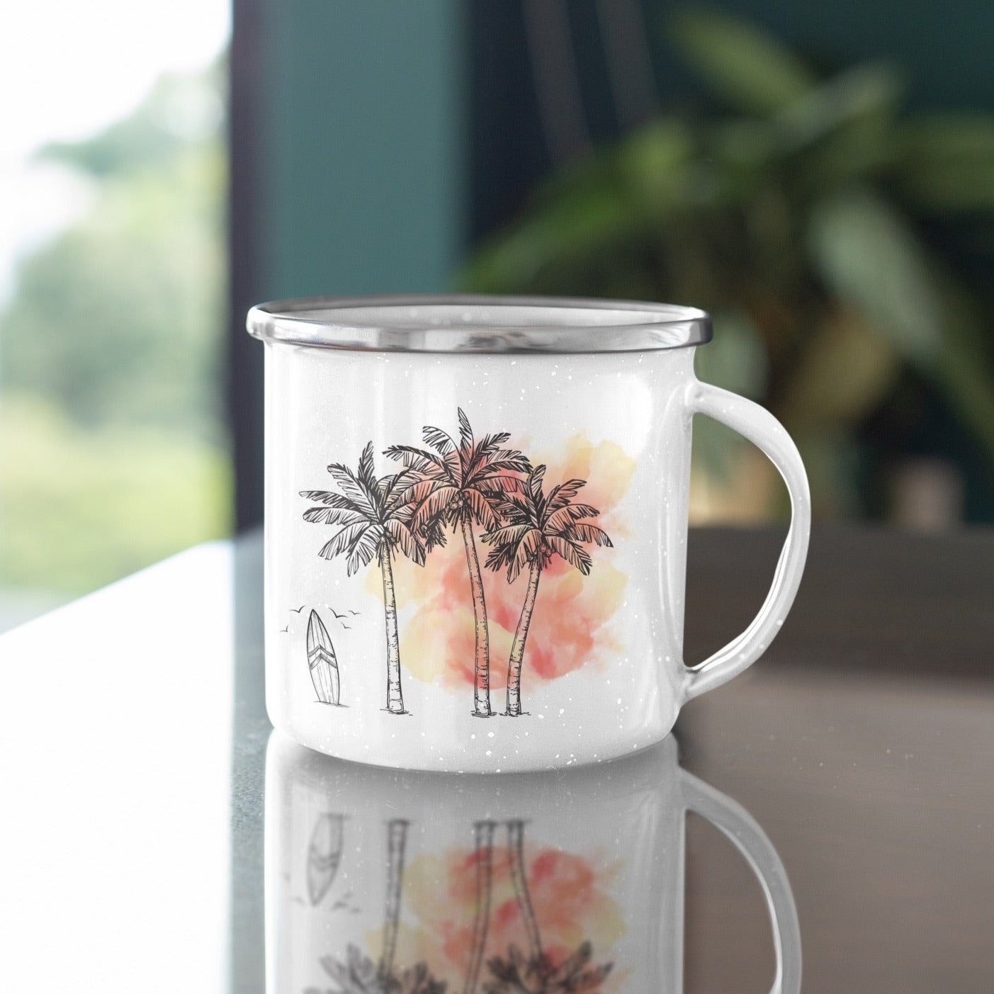 Palm Trees & Surfboard Orange Tasse Émail