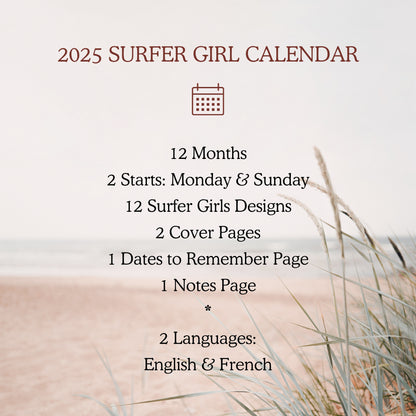 Surfer Girl 2025 Calendrier Imprimable