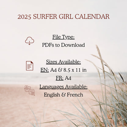 Surfer Girl 2025 Calendrier Imprimable