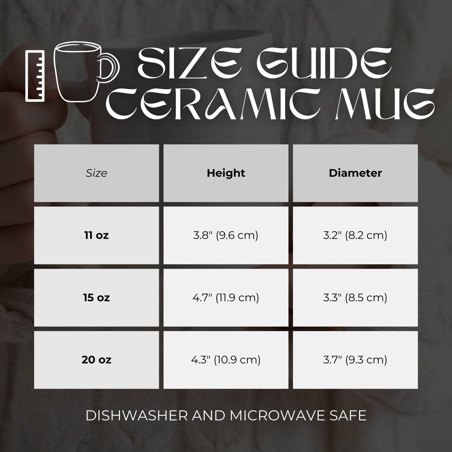 size guide white ceramic and colored rim mugs