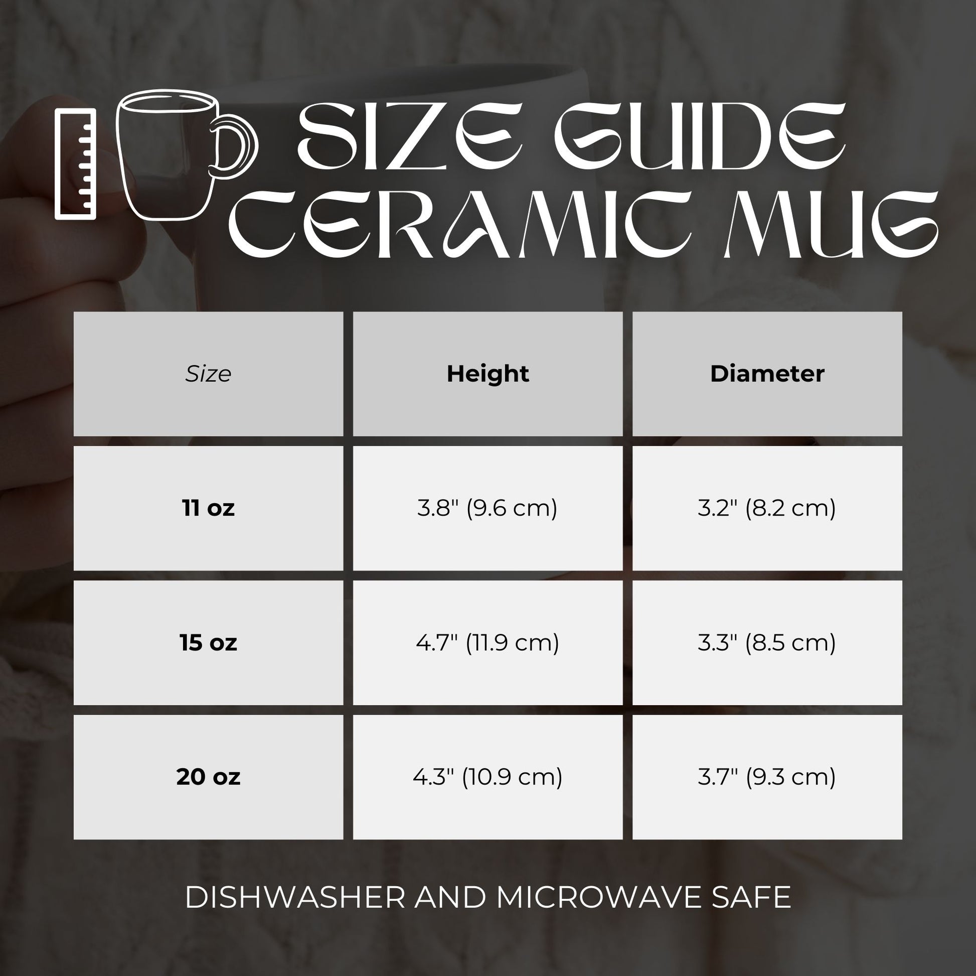 size guide white ceramic and colored rim mugs