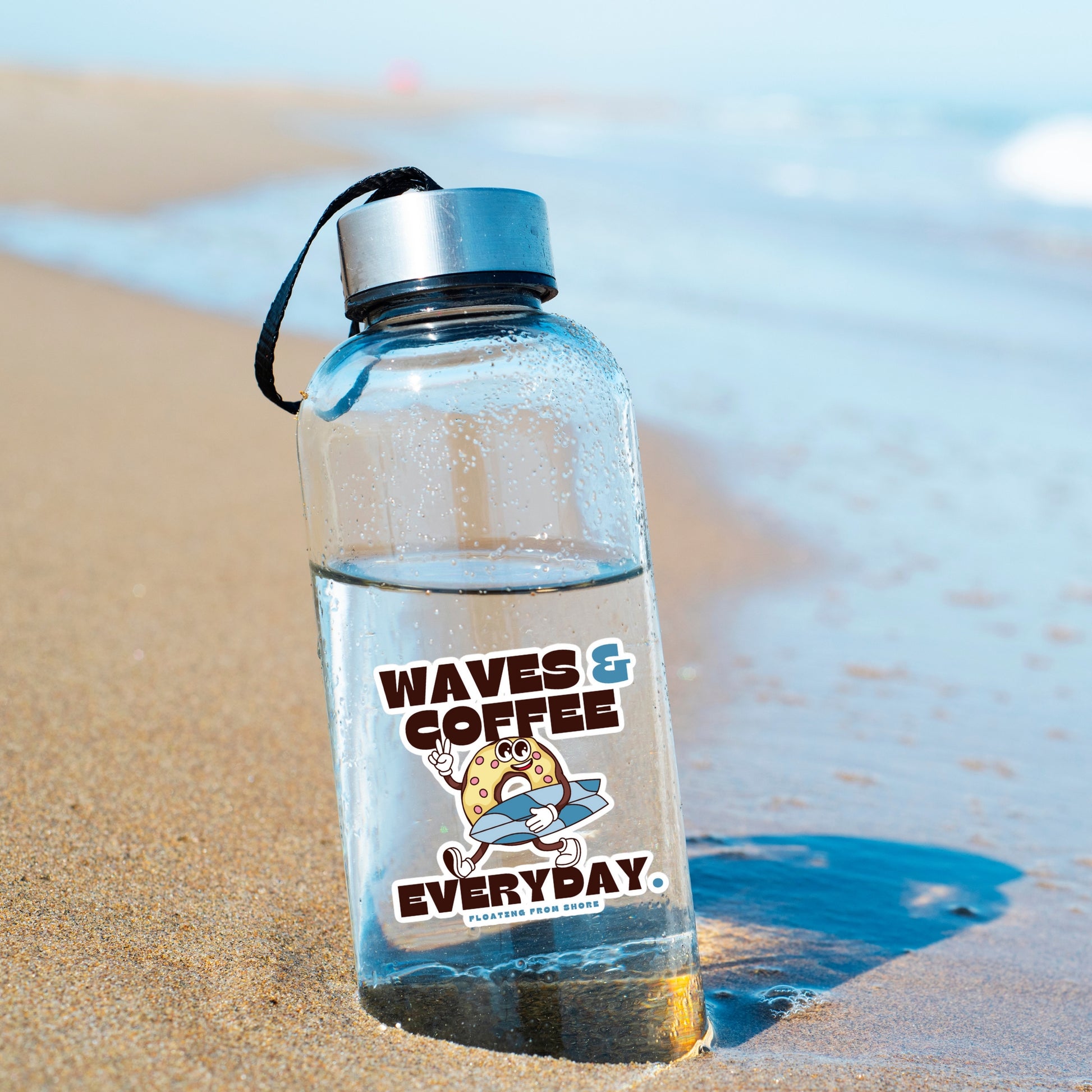 Waves & coffee every day with a retro donut mascot with its surfboard on water bottle