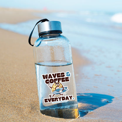 Waves & coffee every day with a retro donut mascot with its surfboard on water bottle